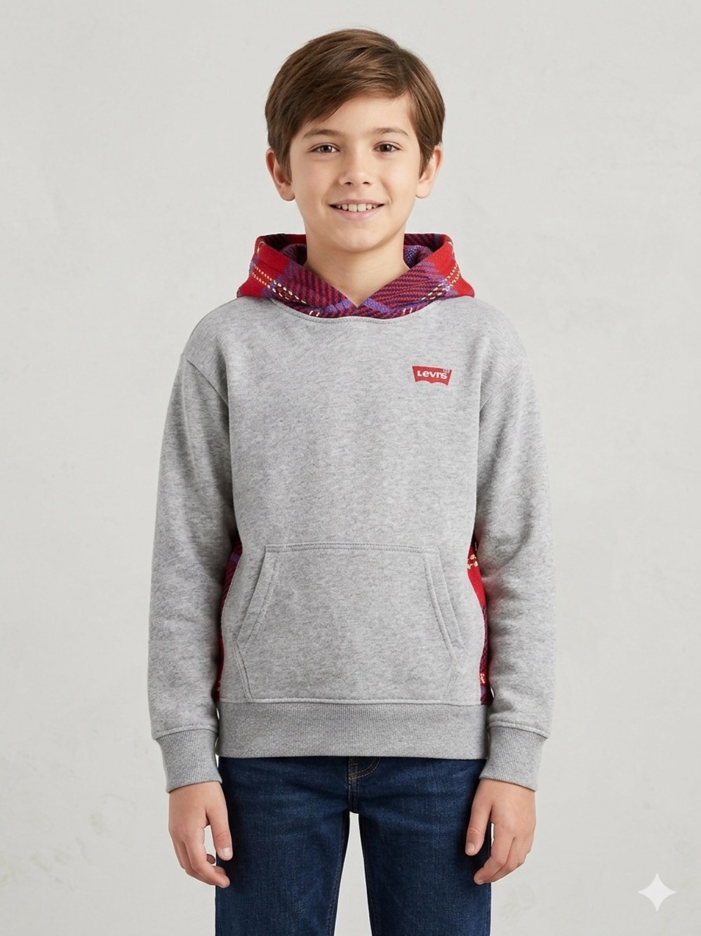 Levi's Boys' Gray Hoodie with Red Plaid Hood and sides.